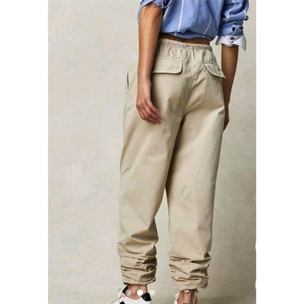 Free People Drawstring Parachute Ruched Shirred Hem Tan Khaki Pants Size Small - Picture 2 of 10